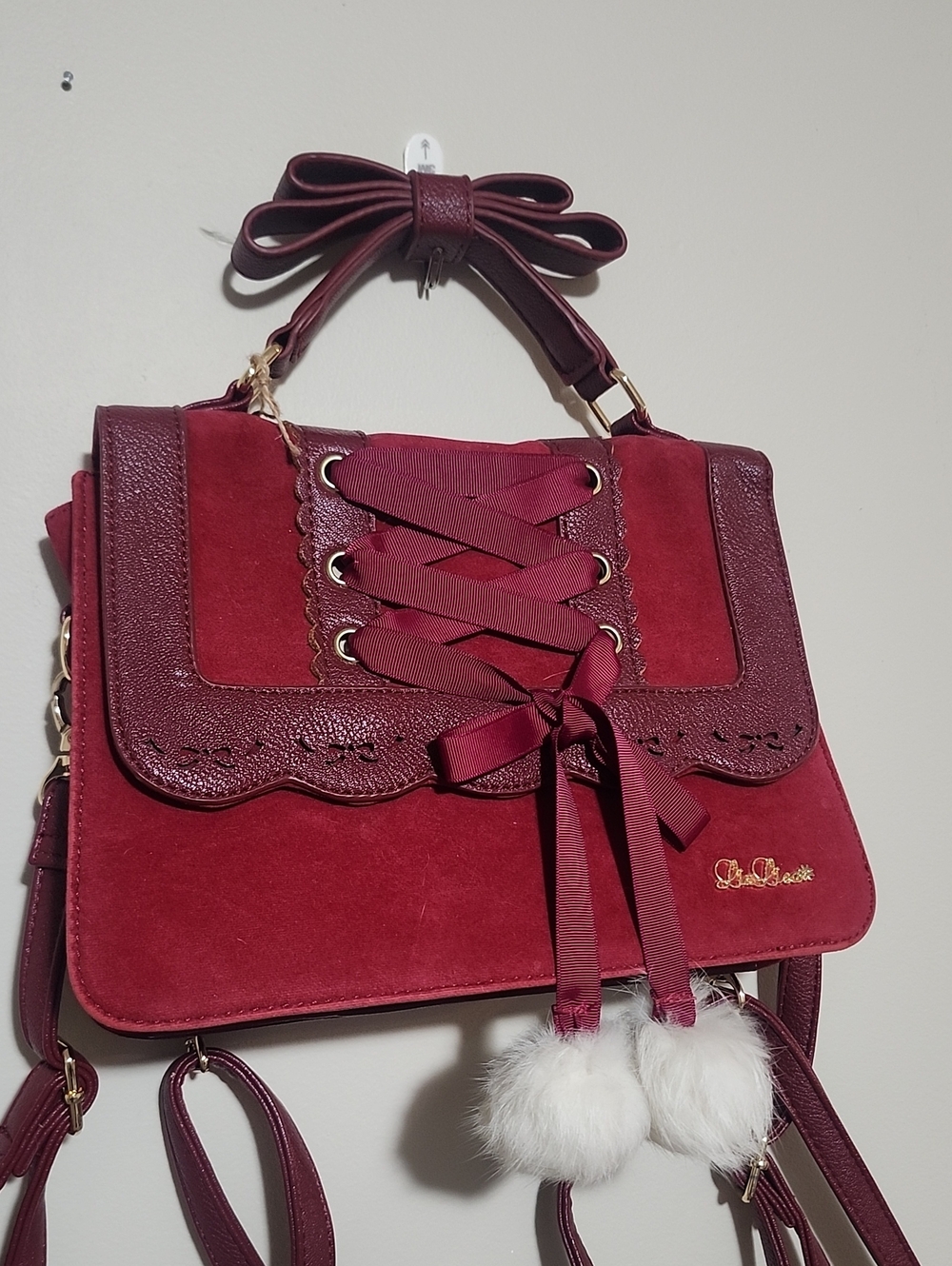 LIZ LISA Burgundy Lace-Up Bow Top Handle Backpack with White Pom Poms